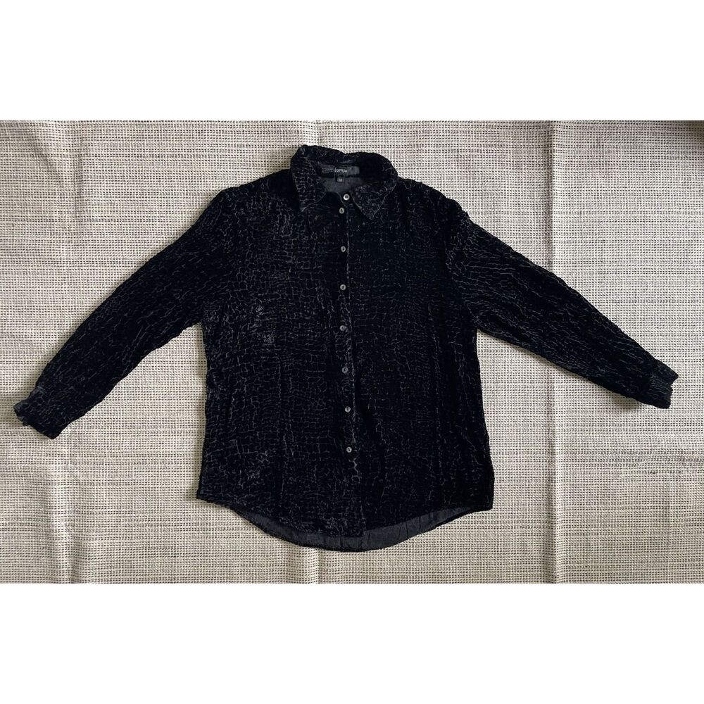 Women’s 10 Black Burnout Velvet Button Up Blouse Silk Blend Animal Print Y2K